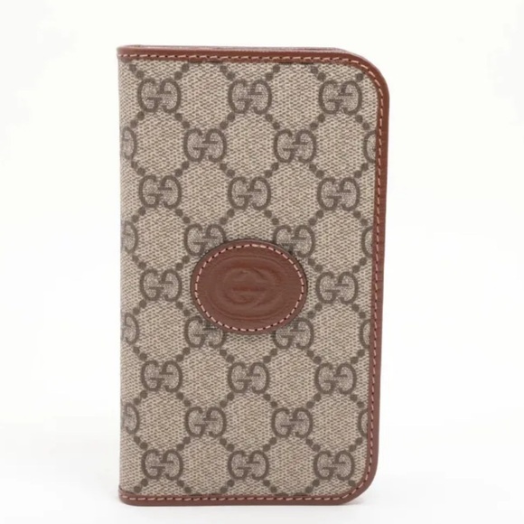 Gucci Accessories - Gucci GG Supreme Leather iPhone15 Pro Phone Case Beige x Brown